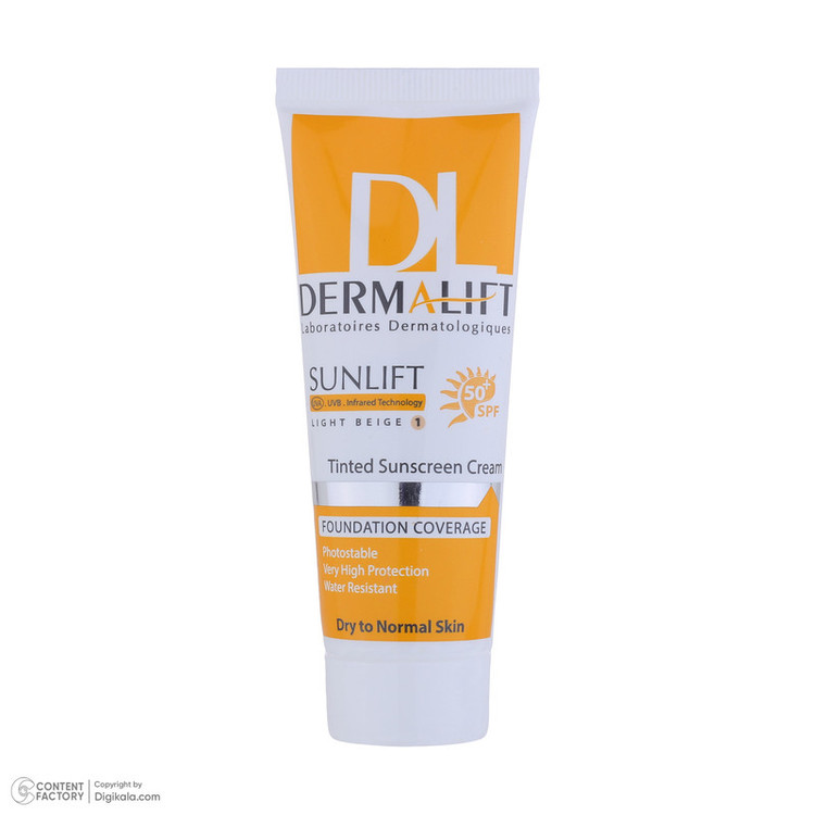 کرم ضد آفتاب رنگی درمالیفت، SPF50، مدل سانلیفت، مناسب پوست خشک و معمولی تنالیته رنگ روشن و حجم 40 میلیلیتر، محافظت کننده در برابر اشعه UVA، UVB و IR، مقاوم در برابر آب، دارای فرمولاسیون شیمیایی، با ماندگاری 3 ساعته