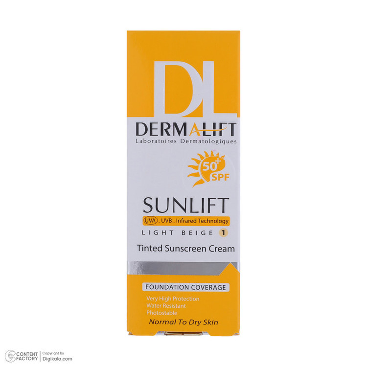 کرم ضد آفتاب رنگی درمالیفت، SPF50، مدل سانلیفت، مناسب پوست خشک و معمولی تنالیته رنگ روشن و حجم 40 میلیلیتر، محافظت کننده در برابر اشعه UVA، UVB و IR، مقاوم در برابر آب، دارای فرمولاسیون شیمیایی، با ماندگاری 3 ساعته
