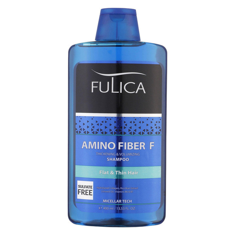 شامپو تقویتکننده مو فولیکا مخصوص موهای کمحجم و نازک، حجم 400 میلیلیتر مدل Amino Fiber، حاوی ویتامینهای B7 و B6، بدون سولفات، برطرفکننده وز مو، آبرسان، محکمکننده، حاوی عصارههای سبوس برنج، رزماری