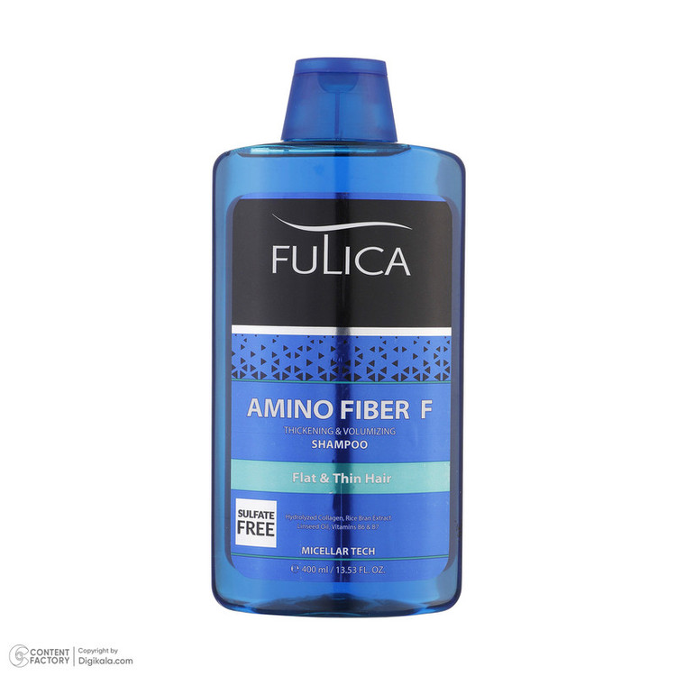 شامپو تقویتکننده مو فولیکا مخصوص موهای کمحجم و نازک، حجم 400 میلیلیتر مدل Amino Fiber، حاوی ویتامینهای B7 و B6، بدون سولفات، برطرفکننده وز مو، آبرسان، محکمکننده، حاوی عصارههای سبوس برنج، رزماری