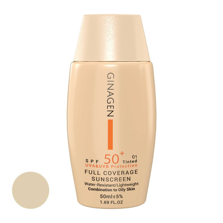 کرم ضد آفتاب رنگی ژیناژن، SPF 50، مدل 01، مناسب پوستهای چرب و مختلط با تنالیته روشن و حجم 50 میلیلیتر، ضد آب، محافظتکننده در برابر اشعههای UVA و UVB، ضد چروک، ضد لک و پیری، دارای فرمولاسیون مواد و املاح معدنی، با ماندگاری 2 ساعته