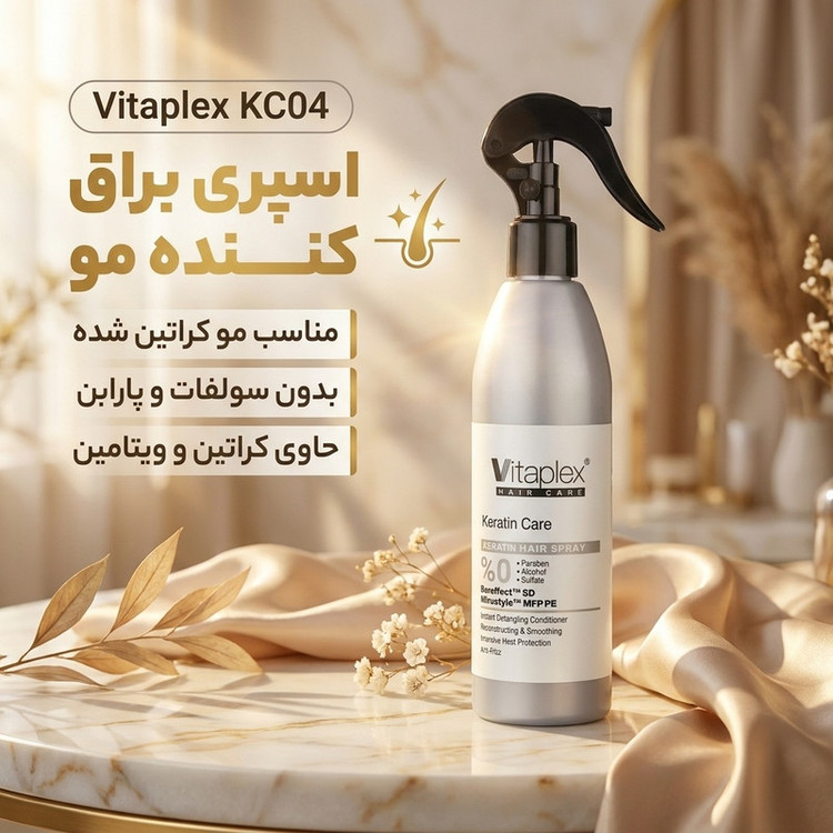 اسپری براق کننده مو با قدرت حفظ حالت مو 4 ویتاپلکس مدل KC04 مناسب مو کراتین شده حجم 300 میلی لیتر